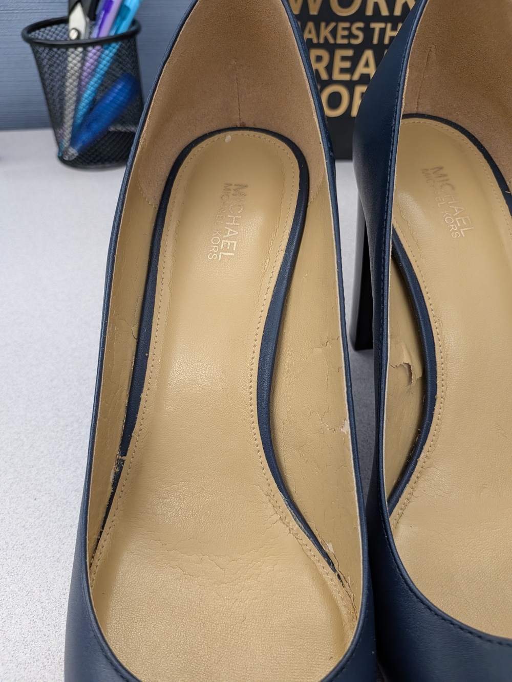 Michael Kors Navy Leather Block Heel Pumps - Picture 7 of 8